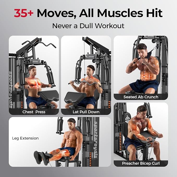 Sportsroyals Home Gym, Multifuntional Workout Station with 150LBS Weight Stack, Full Body Workout Equipment for Home Exercise Fitness