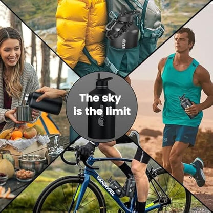 Insulated Water Bottle 40 oz, Triple Wall Vacuum Stainless Steel(Cold for 48 Hrs),Leak Proof & BPA-Free,Half Gallon Water Bottle with Reflective Paracord & Flip Straw for Sports & Travel, Black
