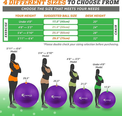 SmarterLife Exercise Ball Yoga Ball for Fitness, Balance, Stability, or Pregnancy, Gym Ball for Core Workout, Physical Therapy, Yoga Ball Chair for Office, Anti-Slip Anti-Burst