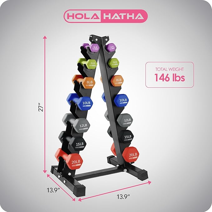 HolaHatha 2, 3, 5, 8, and 10 Pound Neoprene Dumbbell Free Hand Weight Set with Rack, Ideal for Home Exercises to Gain Tone and Definition, Pastel