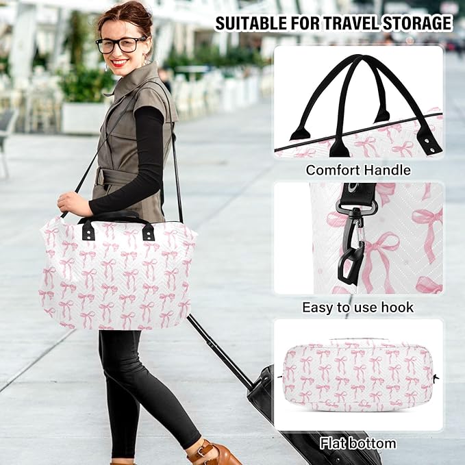 Weekender Bags Travel Duffel Gym Bag Carry on Overnight Tote Bag with Toiletry Bag for Airplane Travel Trip Gym Yoga (Pink Bow 61)