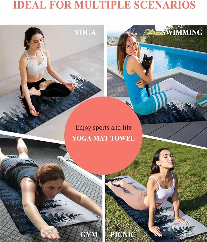 Forest Blue Trees Yoga Mat Towel with Corner Pockets for Hot Yoga Non Slip,Absorbent Yoga Blankets Microfiber Soft Gym Sweat Working Out Fitness Pilates Towels 74"x26" Watercolor Nature Bird