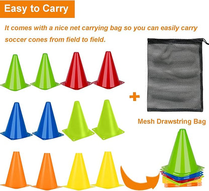 Soccer Cones Sports Training Agility Field Marker Cone, 12 Pack 7 Inch Training Cones Set with Mesh Bag, Colorful Cones for Soccer, Skating, Basketball, Baseball Drills, Outdoor & Indoor Activity