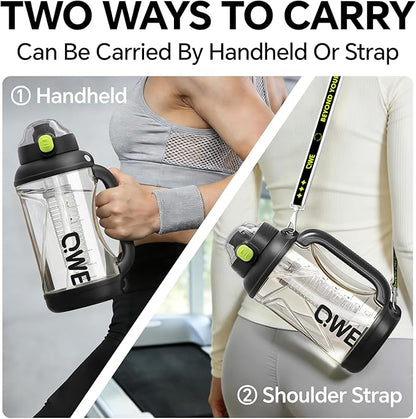 QWE Gym Plastic PPSU Water Bottles for men with Straw and Handle,Lightweight,54oz Large High-capacity for Hiking&Camping,Heat-resisting,Reusable, BPA Free,Double Drinking,leak proof(Black)