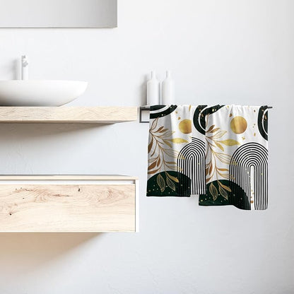 Mid Century Boho Hand Towels Gold Tropical Leaf Art Decorative Absorbent Drying Cloth Tea Towels Set Bohemian Modern Housewarming Gifts for Home Bathroom Spa Gym 2 Pack 14"x28"