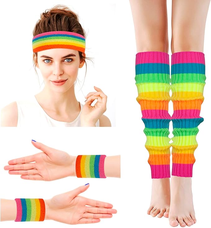 Leg Warmers for Women 80s Headband Wristbands Neon Leg Warmers Set for Sport Yoga - 80s Workout Clothes 90s Outfit for Women