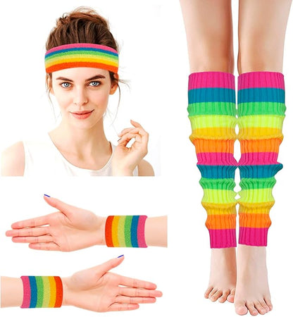 Leg Warmers for Women 80s Headband Wristbands Neon Leg Warmers Set for Sport Yoga - 80s Workout Clothes 90s Outfit for Women