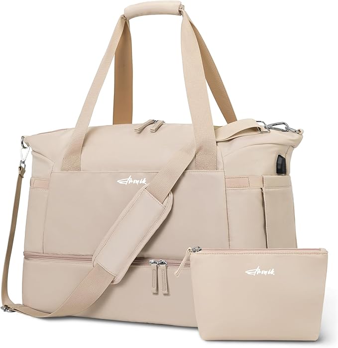 ETRONIK Gym Bag for Women, 45L Carry On Travel Duffel Bag with Shoes Compartment, Weekender Overnight Bag with Wet Pocket & USB Charging Port for Women, Travel, Gym, Weekend, Large Size (Beige)