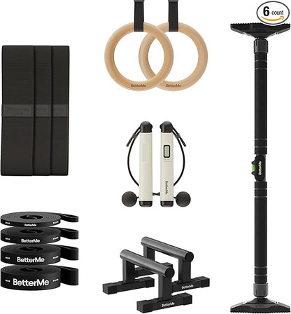 BetterMe Calisthenics Home Studio Kit - Ultimate Home Gym Calisthenics Equipment Kit with Parallettes Resistance Bands Gymnastics Rings Door Pull Up Bar and Jump Rope - At Home Calisthenics Equipment