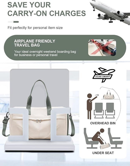 Gym Bag for Women Men with Shoe Compartment, Sport Duffel Bag, Waterproof Travel Weekender Overnight Carry on Bag for Yoga with Trolley Sleeve, Beige Green