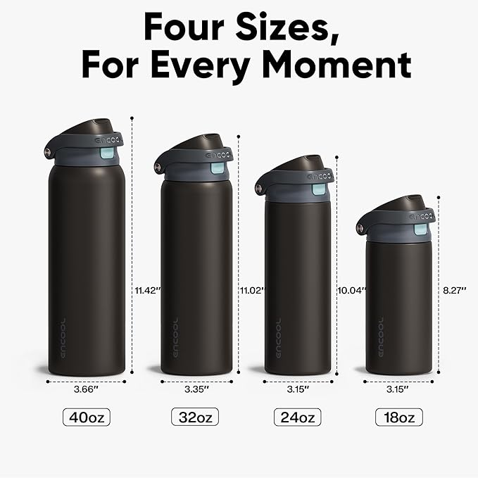 ENCOOL Leakproof Insulated Water Bottle with Straw Dual-Sip Water Bottle Bag-Safe Design for Work, Commute & Gym – Keeps Drinks Cold All Day, 24 oz, Charcoal Gray