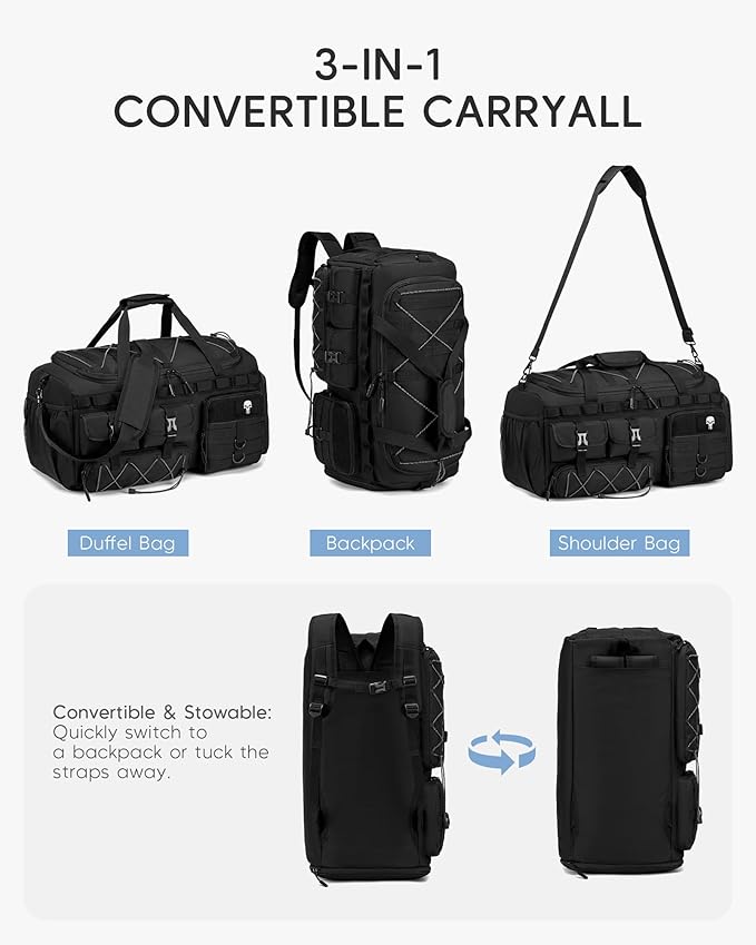 3 in 1 Large Tactical Gym Bag for Men Woman 54L Travel Duffle Bag with Shoe Compartment Backpack Range Bag for Equipment Football Weekender Overnight Workout