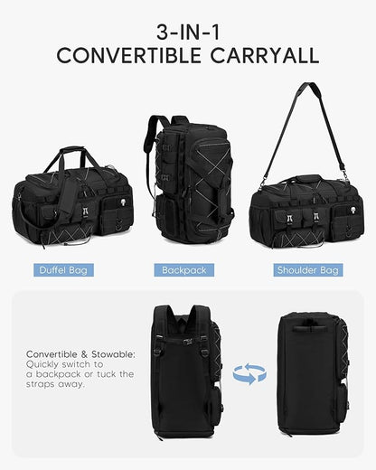 3 in 1 Large Tactical Gym Bag for Men Woman 54L Travel Duffle Bag with Shoe Compartment Backpack Range Bag for Equipment Football Weekender Overnight Workout