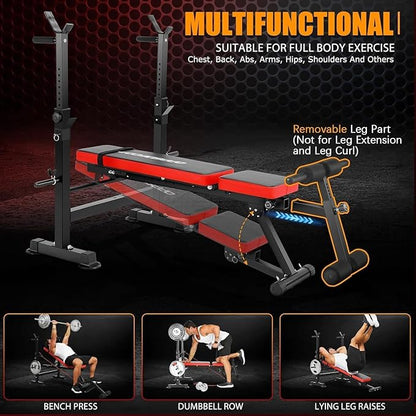 OPPSDECOR Adjustable Weight Bench Set With Removable Rowing Leg Catch, 600LBS Foldable Bench Press Set with Squat Rack Flat Incline Sit Up Workout Bench for Home Gym Strength Training