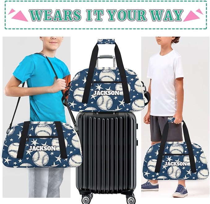 Personalized Baseball Gym Duffel Bags for Kids Boys with Custom Name Travel Sport Training Bags for Overnight Weekender, Blue