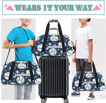Personalized Baseball Gym Duffel Bags for Kids Boys with Custom Name Travel Sport Training Bags for Overnight Weekender, Blue
