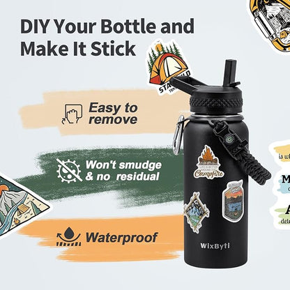32 oz Insulated Water Bottle with Straw, Stainless Steel Triple Wall Vacuum Sports Water Jug, Leakproof Hydro Cup Flask with Paracord Handle & Straw Spout Lids & DIY Stickers