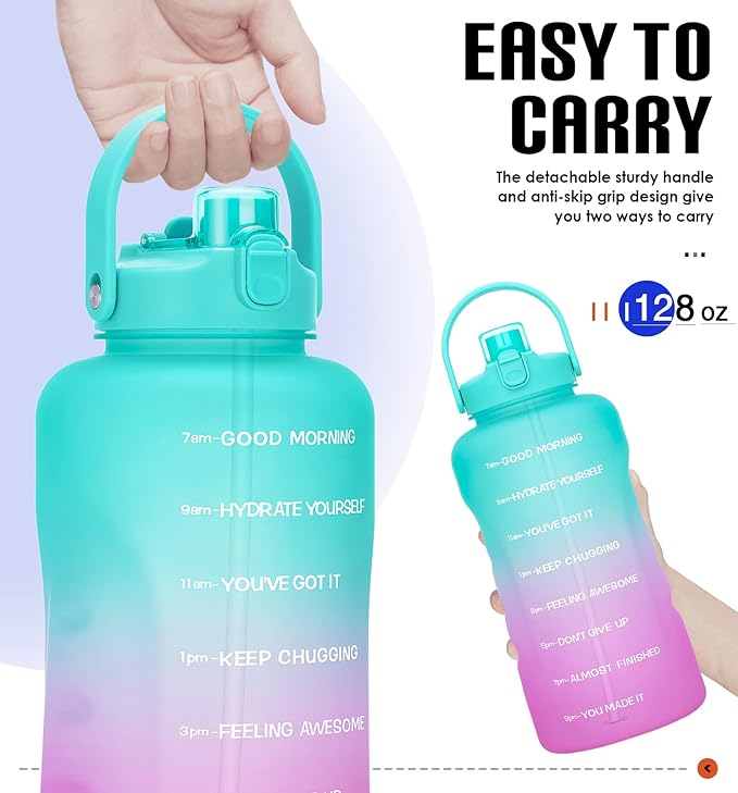HydroPal 1 Gallon Water Bottles with Straw, 128 oz Water Bottle BPA Free Innovative 2-IN-1 Lid Gym Bottle with Times to Drink Motivational, Large for Sports Fitness Camping Water Jug （13.8X5.5 inch）