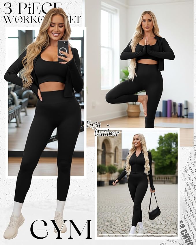 Women 3 Piece Seamless Workout Set Sports Bra High Waisted Gym Yoga Leggings Zip Up Jacket with Thumbhole Activewear