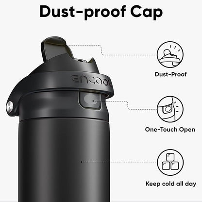 ENCOOL Leakproof Insulated Water Bottle with Straw Dual-Sip Water Bottle Bag-Safe Design for Work, Commute & Gym – Keeps Drinks Cold All Day, 32 oz, Jet Black