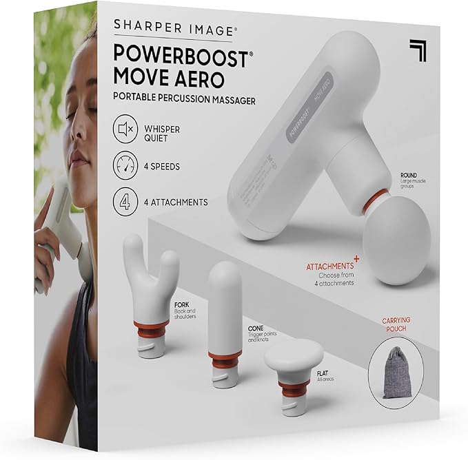 Sharper Image Powerboost Move Aero 3.0 – Mini Percussion Massage Gun| Updated Soft-Touch Design, Carrying Bag, 4 Nodes| Portable Full Body Back & Shoulder Massager| Deep Tissue Massage Tool Gift