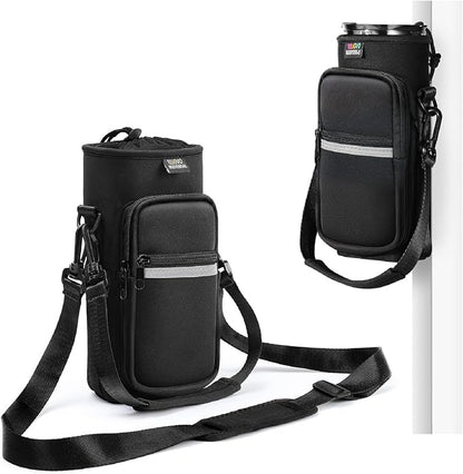 Nuovoware Water Bottle Carrier Bag,25oz/40oz/64oz Bottle Pouch Holder,Adjustable Shoulder Hand Strap 2 Pocket Sling Neoprene Sleeve Sports Accessories for Hiking Travelling Camping