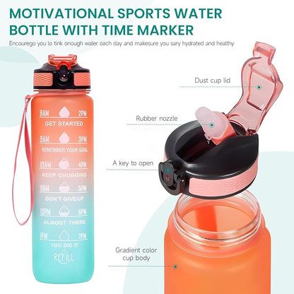 32 oz Water Bottles with Times to Drink and Straw, Motivational Water Bottle with Time Marker, Leakproof & BPA Free, Drinking Sports Water Bottle WIth Hand Strap for Fitness, Gym & Outdoor (orange)