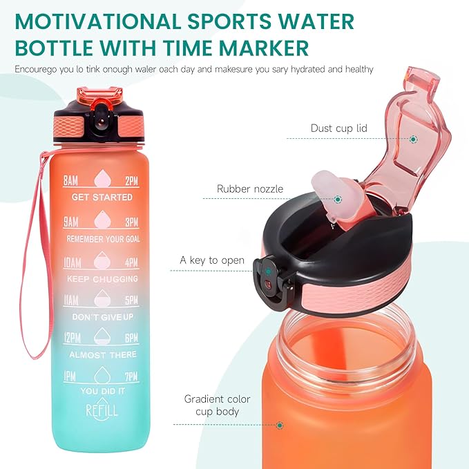 32 oz Motivational Water Bottle with Time Marker,Water Bottles with Times to Drink and Straw with Carrying Strap,Perfect For Fitness Gym Outdoor,BPA Free (Orange & Green Gradient)