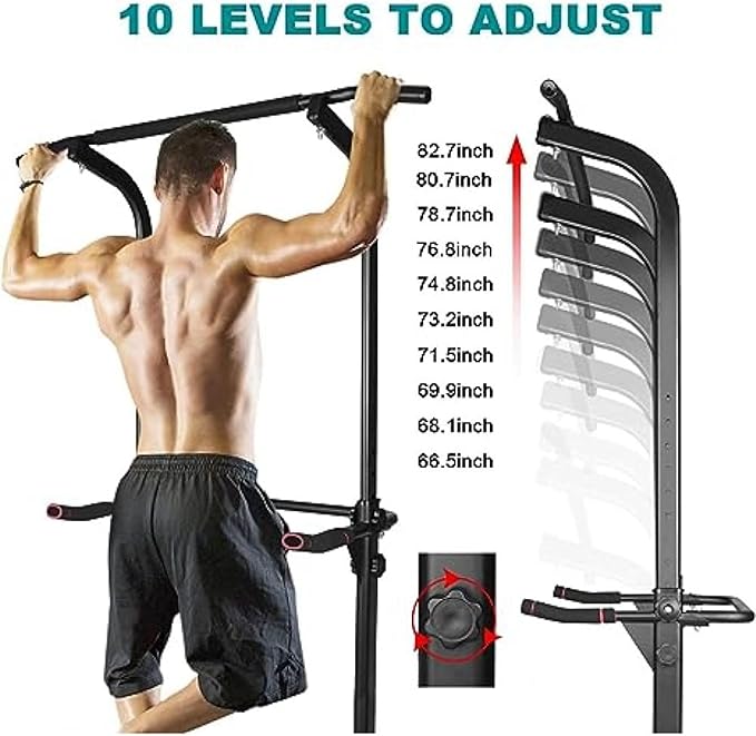 Power Tower Workout Dip Station Pull Up Bar - Multi-Function Strength Training Fitness Equipment with Adjustable Height,Cushioned Arm Rests for Home Gym Full Body Exercises