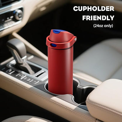 POWCAN 24 oz Steel Water Bottle: 2-in-1 Push-Button Spout & Flip Straw, Leakproof, Cold 24 Hrs, Fits Car Cup Holder, Insulated Water Bottle for Travel, Gym, School, Sports Gift (Midnight Web)