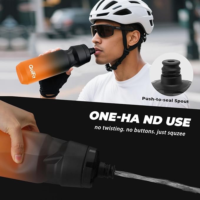 QuiFit Bike Water Bottle 2-Pack, 32oz Squeeze Bottles BPA Free, Leak Proof, Reusable Sport Jug with Dust Cover, Fit Most Bike Holders, for Cycling (Black Green+Black Orange, 32 Ounces)