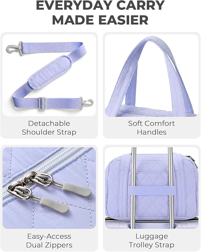 Percover Women Gym Bag with Toiletry Organizer Pouch, Quilted Workout Duffle with Compartments for Daily Fitness & Yoga, Locker-Friendly Soft Carry, Lavender Purple
