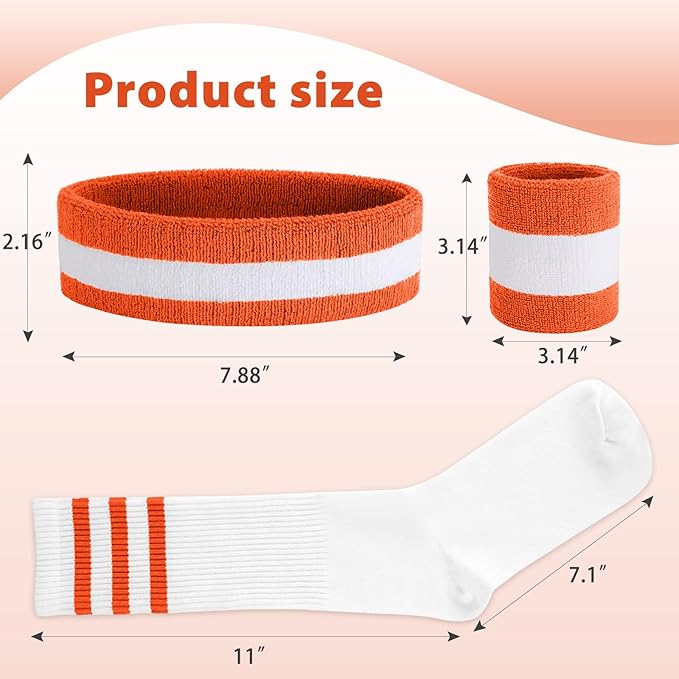 ONUPGO 5 Pieces Sweatbands Striped Socks Set Sports Headband Wristbands High Tube Socks 80s Accessories Costumes