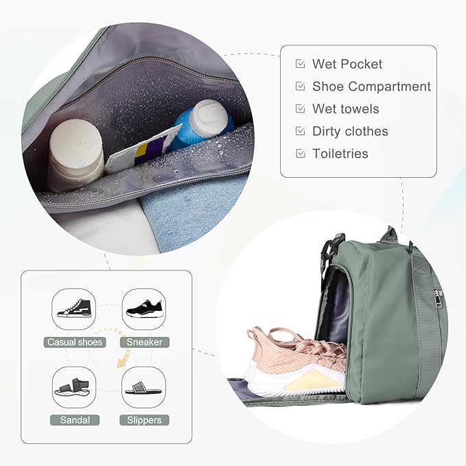 Gym Bagsfor Women Men with Shoes Compartment Sports Duffle Bag Personal item travel Duffel Bags Tote Bags Small Carry on Weekender Overnight Bags Workout Dance Bag Hospital Holdalls Dark Green