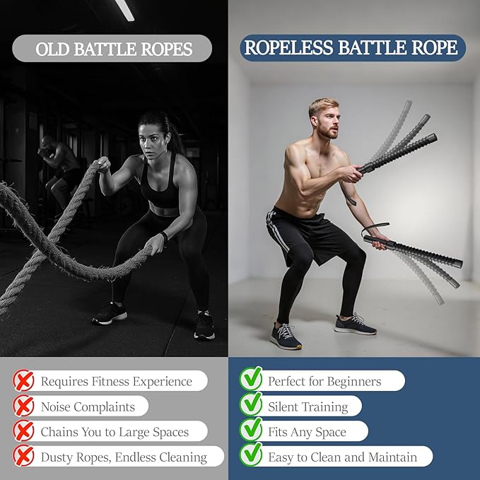 Ropeless Battle Ropes for Exercise Workout Rope, Portable Workout for Home Gym, Exercise Battle Ropes for HIIT Workouts, Low-Impact Cardio Training (2 Ropes with Bag)