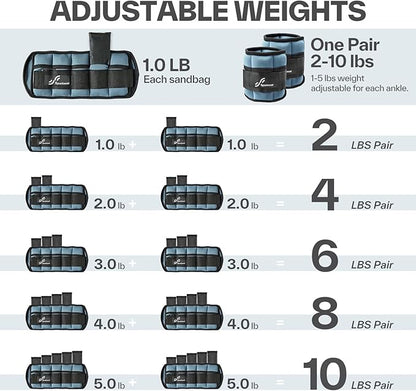 Sportneer Adjustable Ankle Weights Set - 1 Pair (2-10 lbs) Removable Sandbags for Women & Men, Comfortable Neoprene Leg Weights for Walking, Running, Pilates, Yoga, Home Workout & Physical Therapy