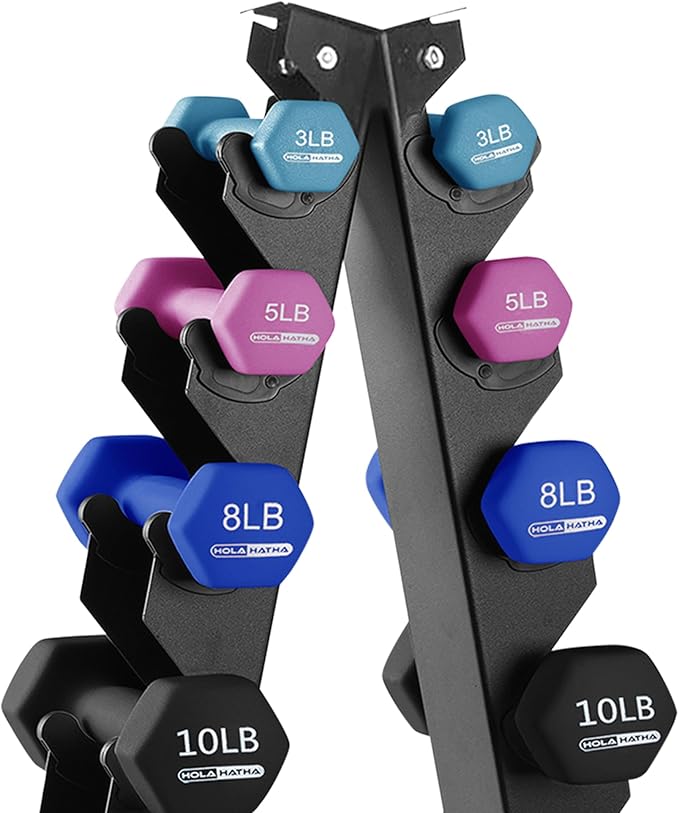 HolaHatha 2, 3, 5, 8, and 10 Pound Neoprene Dumbbell Free Hand Weight Set with Rack, Ideal for Home Exercises to Gain Tone and Definition, Pastel
