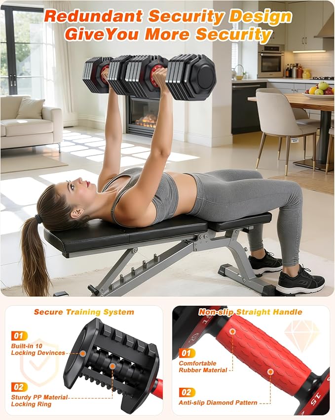 XDDIAS Adjustable Dumbbell Set of 2, 25/55/80/90LB Dumbbell Set- 1-Hand Fast Adjustment with Anti-Slip Handle, Compact Free Weights Dumbbells Set for Men/Women Home Gym Strength Training Equipment