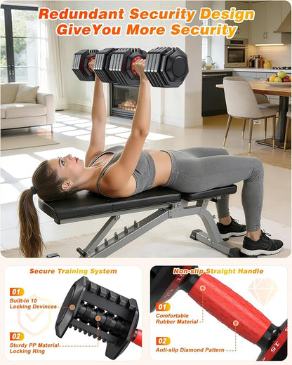 XDDIAS Adjustable Dumbbell Set of 2, 25/55/80/90LB Dumbbell Set- 1-Hand Fast Adjustment with Anti-Slip Handle, Compact Free Weights Dumbbells Set for Men/Women Home Gym Strength Training Equipment
