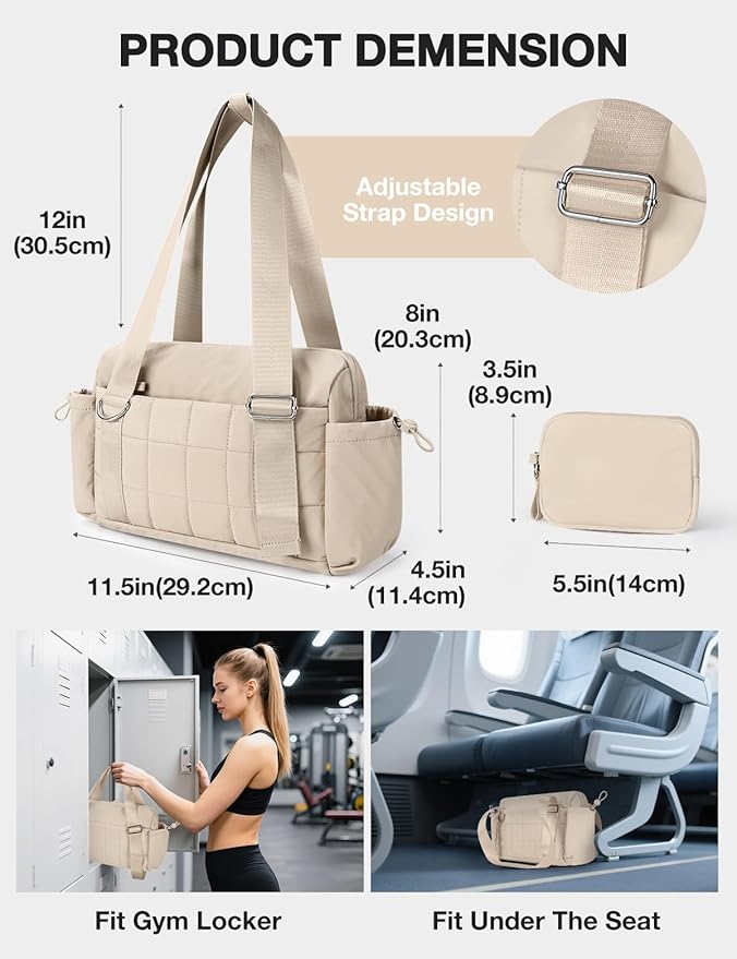 VUUDH Mini Gym Bag for Women Puffy Bag, Small Gym Bag with Coin Wallet, Lightweight Gym Tote Bag for Fitness, Work, Travel, Daily Commute,Camel