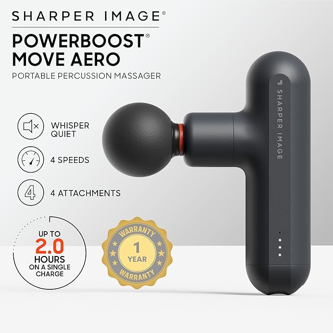 Sharper Image Powerboost Move Aero 3.0 – Mini Percussion Massage Gun| Updated Soft-Touch Design, Carrying Bag, 4 Nodes| Portable Full Body Back & Shoulder Massager| Deep Tissue Massage Tool Gift