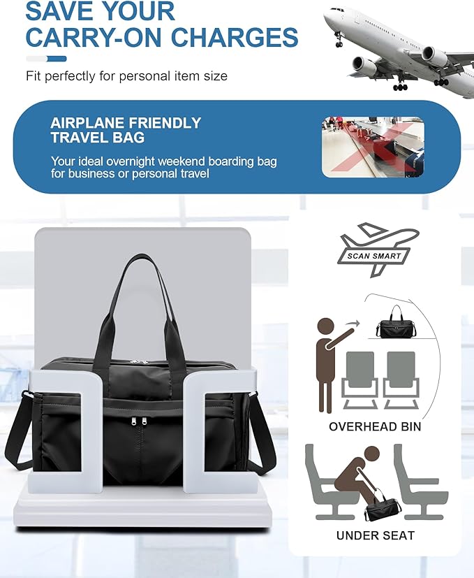 Gym Bag for Women Men, Sport Duffel Bag with Toiletry Bag & Shoe Compartment,Waterproof Travel Weekender Overnight Carry on Bag for Yoga with Trolley Sleeve, Black Set