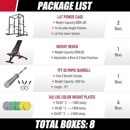 Sportsroyals Squat Rack, LAT Power Cage, Power Rack Multi-Function with Pulley System and Training Attachments for Home Gym