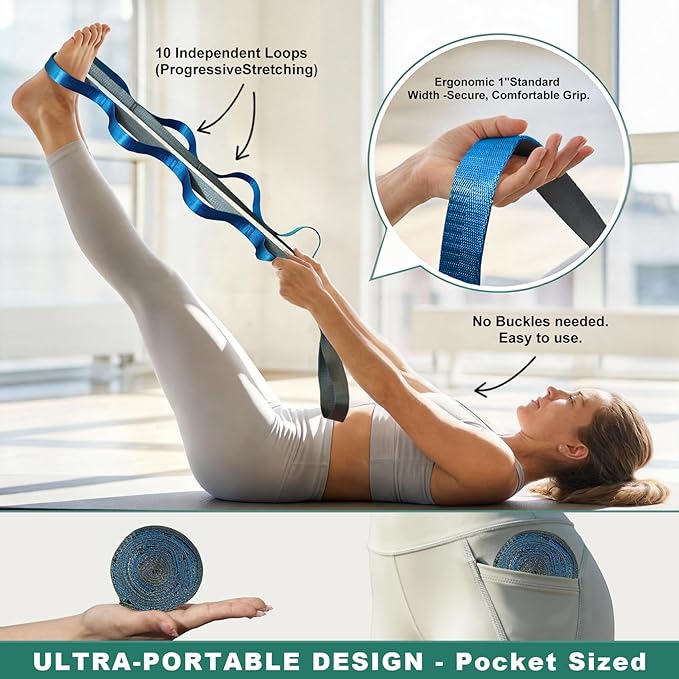Stretching Strap with 10 Loops – Non-Elastic Yoga Strap for Physical Therapy, Knee Replacement Recovery & Plantar Fasciitis – Leg Stretcher Band for Flexibility & Hamstring Rehab