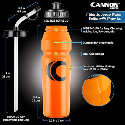Cannon Sports 1 Liter Sports Water Bottle, BPA-Free, 34 Oz Capacity, Large Mouth, 2 lids (Straw and Squeeze), Great For Helmet Sports Such As Hockey, Lacrosse, Football, Boxing (2 Pack) (Orange)