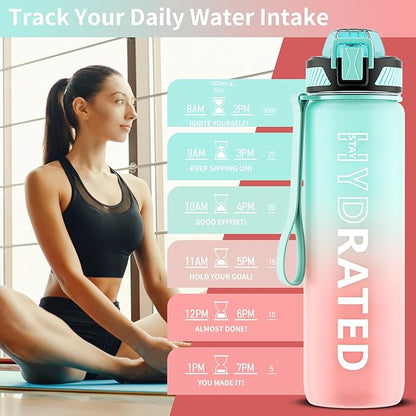 Water Bottle with Straw, 32oz Motivational Water Bottles with Time Marker to Drink, Tritan BPA Free, 1L Sports Water Bottle with Carry Strap LeakProof for Women Gym Fitness Outdoor (1 Pack)