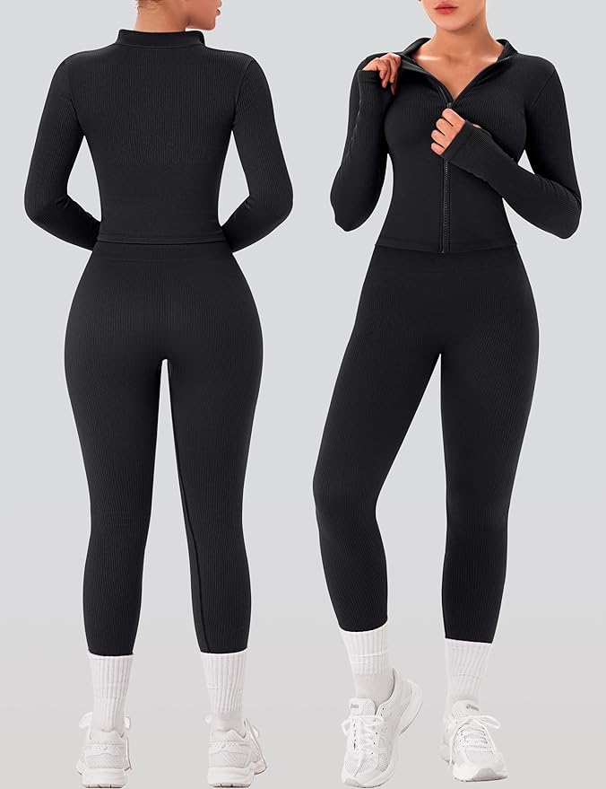 OLCHEE Womens Workout Sets 2 Piece Seamless Ribbed Long Sleeve Yoga Outfits High Waist Leggings Zipper Jacket Thumb Hole Gym