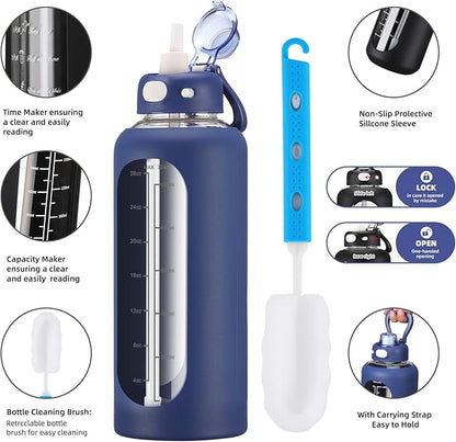 SIEROZUR 32 oz Glass Water Bottle with Straw and Handle 1 Liter Glass Water Bottle with Silicone Sleeve and Time Marker Sports Water Jug Wide Mouth for Travel Gym