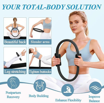 Pilates Ring and Small Ball Set for Women with 5 Resistance Bands, 14 inch Magic Circle Home Workout Essentials Starter Kit for Beginners, Yoga Sets for Full Body Toning Shape