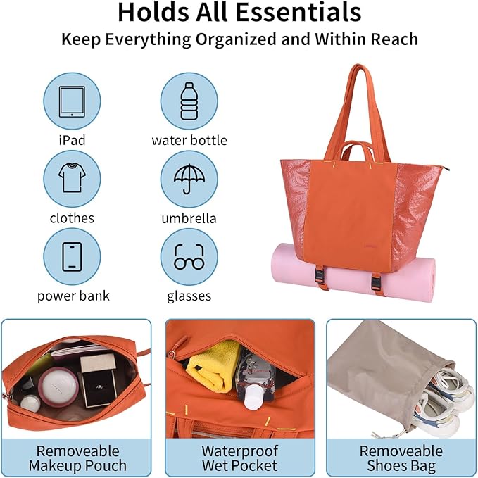 Tote Bag for Women, Lightweight Versatile Gym Travel Bags with Yoga Mat Strap, Wet Pocket, Shoe Bag & Cosmetic Pouch, Everyday Tote for Workout Fitness Pilates Swimming Work Stylish Handbag
